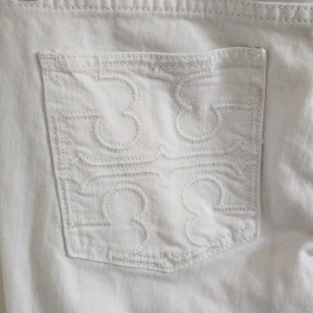 Tory Burch White Cropped Slim Boot Cut Jeans Size 28 Luxury Denim Logo Pockets